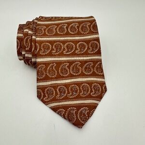MainStreet Tie Mens One Size Brown Paisley Striped 100% Silk Made in USA